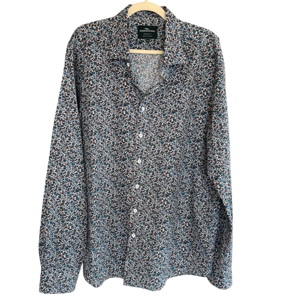 Rodd & Gunn Floral Button Front Long Sleeve Shirt Blue Brown XXL Spring Preppy